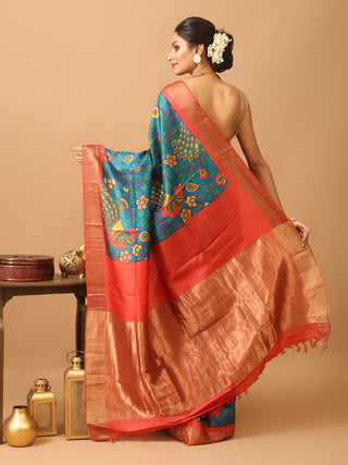 Peacock Blue Pure Tussar Silk Digital Printed Saree with Red Zari Border