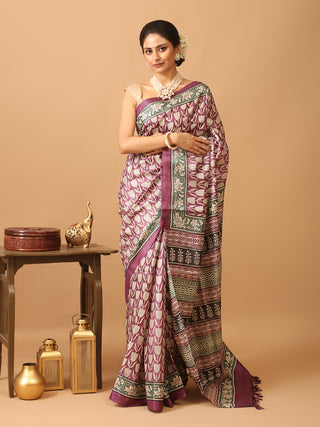 Purple Pure Tussar Silk Saree with Hand Block Prints