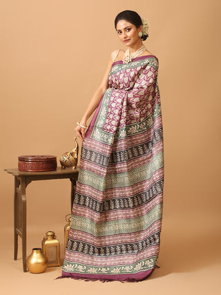 Purple Pure Tussar Silk Saree with Hand Block Prints