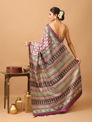 Purple Pure Tussar Silk Saree with Hand Block Prints