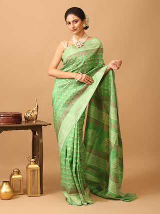 Green Pure Tussar Silk Saree with Hand Block Prints
