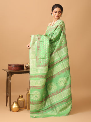 Green Pure Tussar Silk Saree with Hand Block Prints