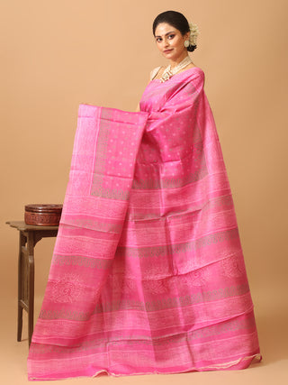 Pink Pure Tussar Silk Saree with Hand Block Prints