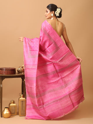 Pink Pure Tussar Silk Saree with Hand Block Prints