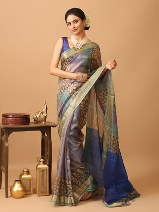 Purple-Blue Pure Tissue-Tussar Silk Saree with Panelled Digital Prints