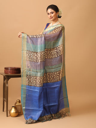 Purple-Blue Pure Tissue-Tussar Silk Saree with Panelled Digital Prints
