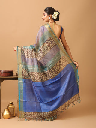 Purple-Blue Pure Tissue-Tussar Silk Saree with Panelled Digital Prints