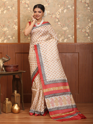 Beige Pure Tussar Silk Saree with Hand Block Prints
