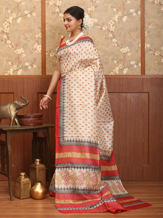 Beige Pure Tussar Silk Saree with Hand Block Prints
