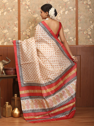 Beige Pure Tussar Silk Saree with Hand Block Prints