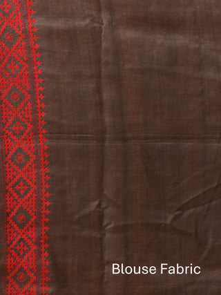 Charcoal Grey Pure Tussar Silk Sari With Gujarati Hand Embroidery