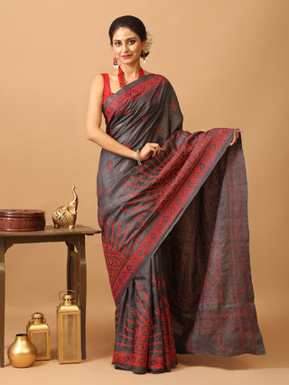 Charcoal Grey Pure Tussar Silk Sari With Gujarati Hand Embroidery