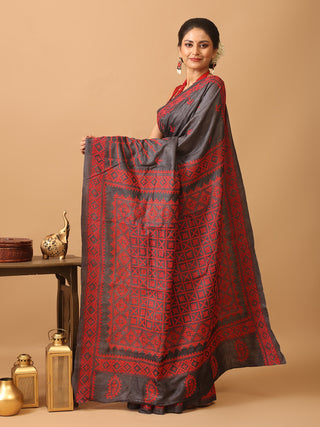 Charcoal Grey Pure Tussar Silk Sari With Gujarati Hand Embroidery