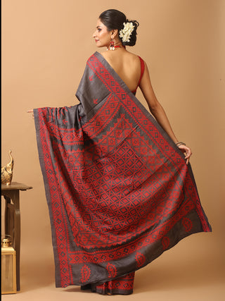 Charcoal Grey Pure Tussar Silk Sari With Gujarati Hand Embroidery