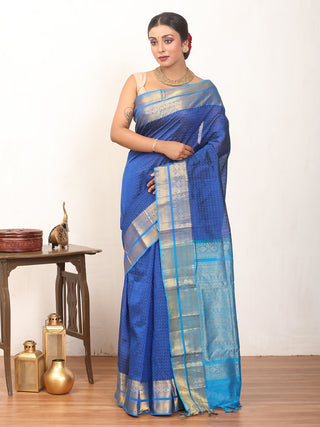 Royal Blue And Turquoise Blue Kanchipuram Silk Cotton Saree