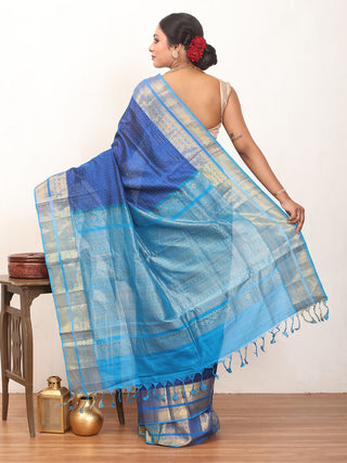 Royal Blue And Turquoise Blue Kanchipuram Silk Cotton Saree