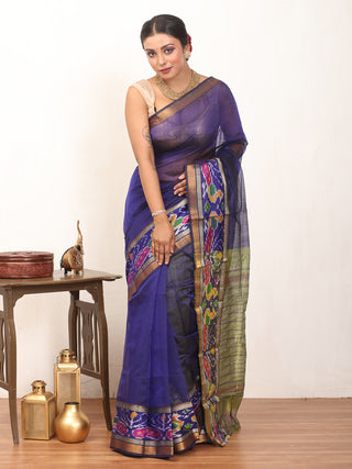 Navy Blue And Green Handloom Mangalgiri Silk Cotton Saree