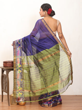 Navy Blue And Green Handloom Mangalgiri Silk Cotton Saree