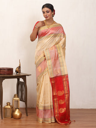 Cream And Red Handloom Kanchipuram Silk Cotton Saree