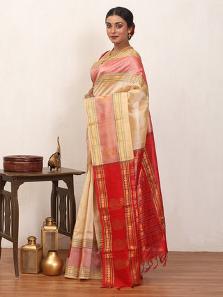 Cream And Red Handloom Kanchipuram Silk Cotton Saree