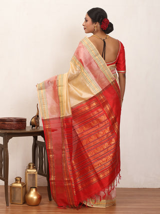 Cream And Red Handloom Kanchipuram Silk Cotton Saree
