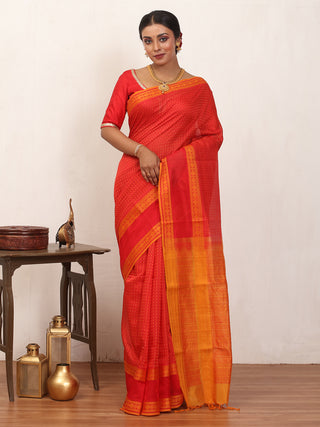 Red and Orange Kanchipuram Silk Cotton Handloom Saree