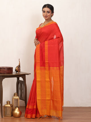 Red and Orange Kanchipuram Silk Cotton Handloom Saree