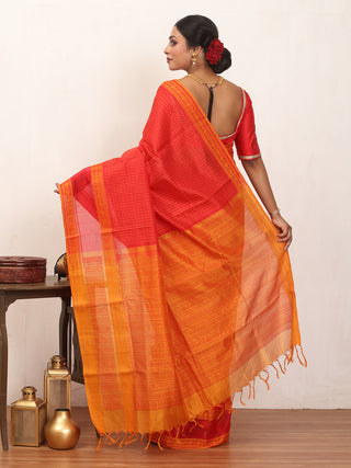 Red and Orange Kanchipuram Silk Cotton Handloom Saree