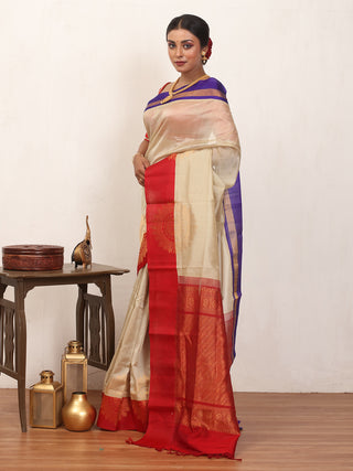 Ivory and Red Kanchipuram Silk Cotton Handloom Saree