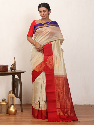 Ivory and Red Kanchipuram Silk Cotton Handloom Saree