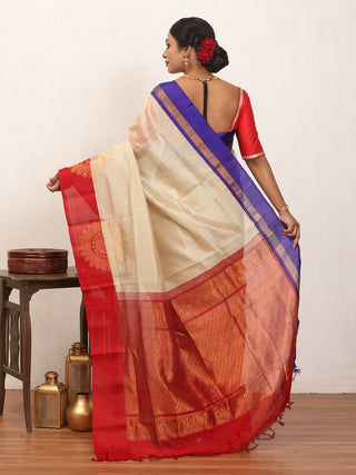 Ivory and Red Kanchipuram Silk Cotton Handloom Saree