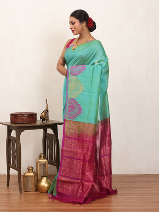 Teal and Purple Kanchipuram Silk Cotton Handloom Saree