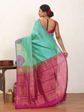 Teal and Purple Kanchipuram Silk Cotton Handloom Saree