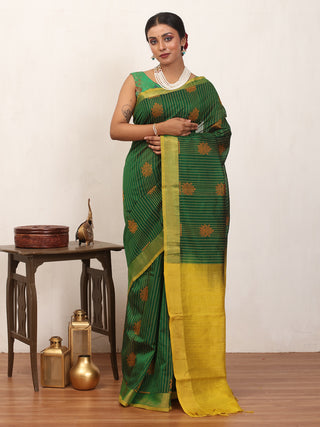 Emerald Green and Yellow Kanchipuram Silk Cotton Handloom Saree