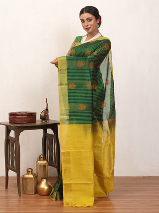 Emerald Green and Yellow Kanchipuram Silk Cotton Handloom Saree