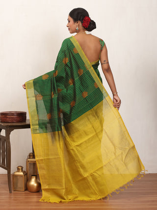 Emerald Green and Yellow Kanchipuram Silk Cotton Handloom Saree