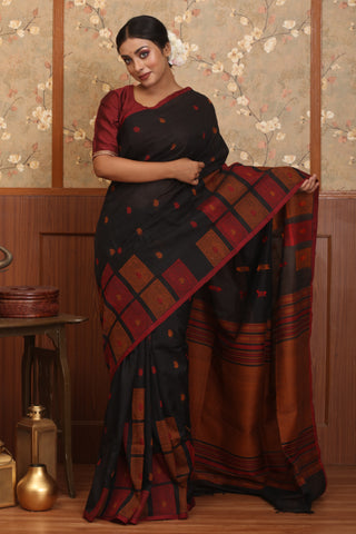 Exquisite Black & Maroon Kanchipuram Silk Cotton Handloom Saree