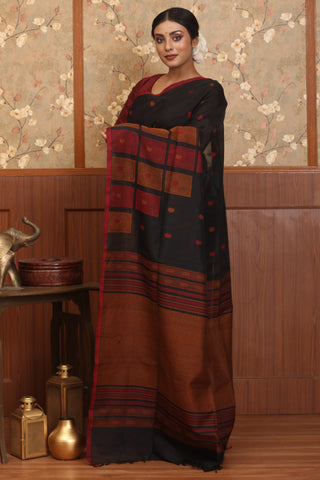 Exquisite Black & Maroon Kanchipuram Silk Cotton Handloom Saree