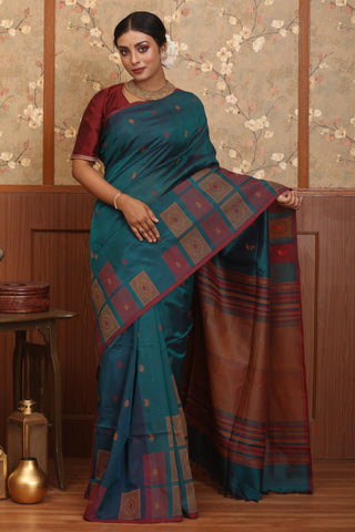 Teal Blue-Black Dual tone  Kanchipuram Silk Cotton Handloom Saree With Multicolour Hand Weaves