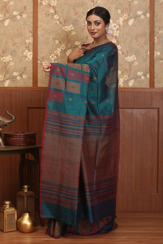 Teal Blue-Black Dual tone  Kanchipuram Silk Cotton Handloom Saree With Multicolour Hand Weaves