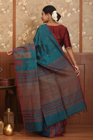 Teal Blue-Black Dual tone  Kanchipuram Silk Cotton Handloom Saree With Multicolour Hand Weaves