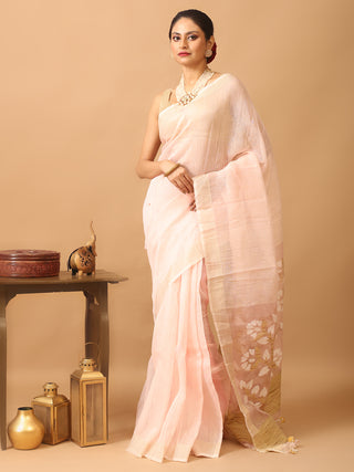 Soft Blush Pink Handloom Silk Linen Saree