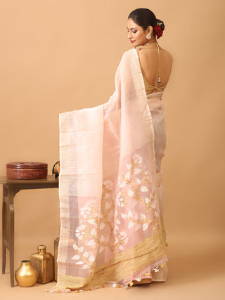 Soft Blush Pink Handloom Silk Linen Saree