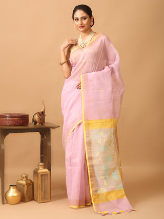 Mauve And Yellow Handloom Silk Linen Saree