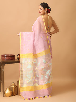 Mauve And Yellow Handloom Silk Linen Saree