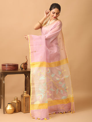 Mauve And Yellow Handloom Silk Linen Saree