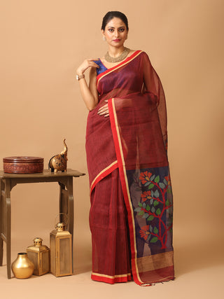 Wine Handloom Silk Linen Saree with Vibrant Floral Pallu