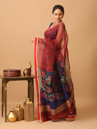 Wine Handloom Silk Linen Saree with Vibrant Floral Pallu