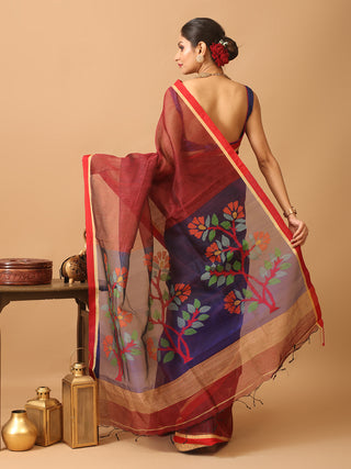 Wine Handloom Silk Linen Saree with Vibrant Floral Pallu