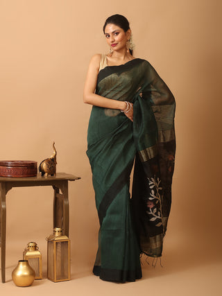 Bottle Green Handloom Silk Linen Saree with Intricate Floral Design